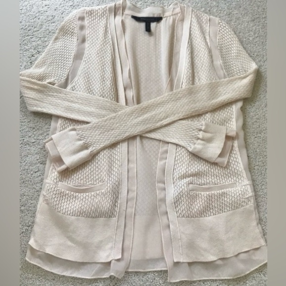 BCBG MaxAzria Silk Blend Mesh Knit Cardigan - Size XS - Beige Cream